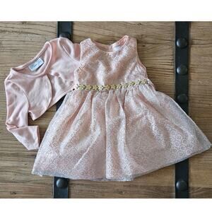Rare Too Pastel Pink and Gold Dress with Cardigan sz 2T